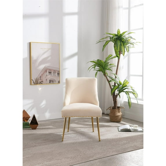 Velvet Upholstered Dining Chair Leisure Chairs Upholstered Side Chairs with Metal Legs for Living Room, Contemporary Style Beige