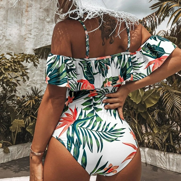 Women's Ruffle One Piece Off Shoulder Swimsuit Floral Print Flounce High  Cut Bathing Suit Slimming Beachwear