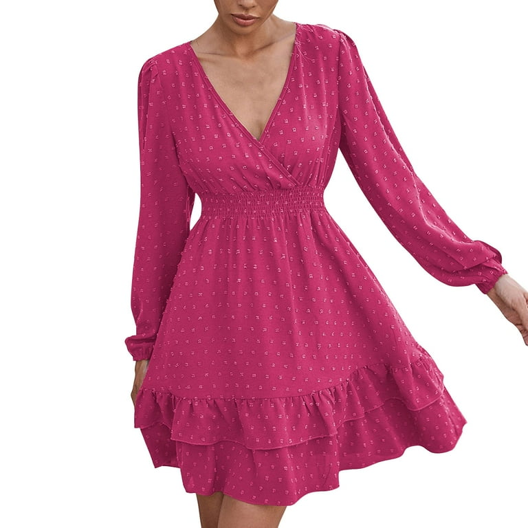 outfmvch pink dress for women short sleeve v neck mini dress chiffon dot flowy short dress womens dresses fall dresses Walmart