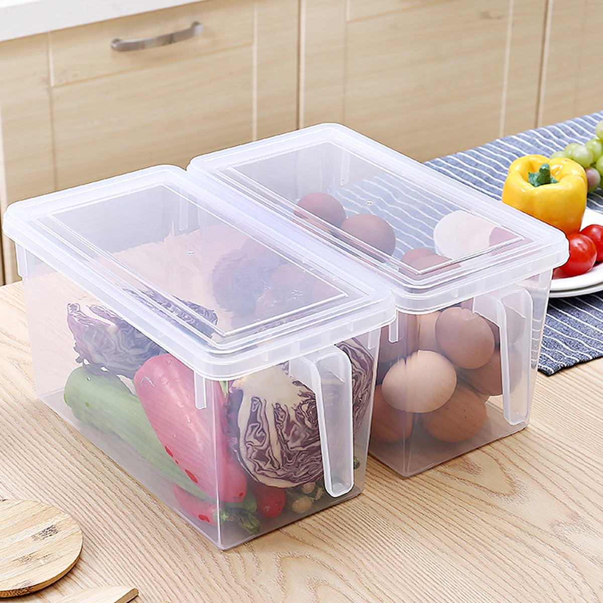 2pcs Set Refrigerator Freezer Wide Storage Box Clear Organizer Bin Food Pantry Kitchen Crisper