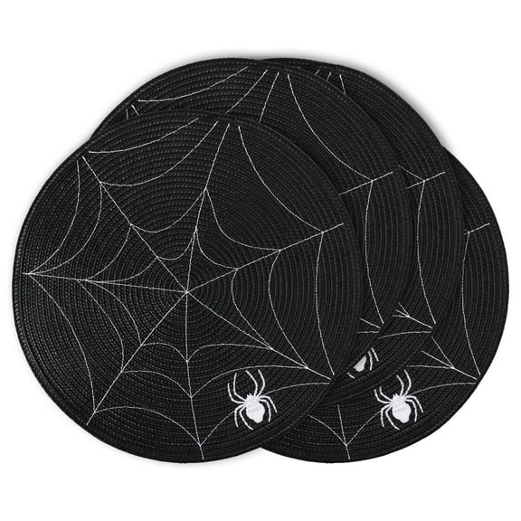 Halloween Spider Web Placemats Set - 4PCS Round Black Woven Placemats with Spider Design for Holiday Table Decor