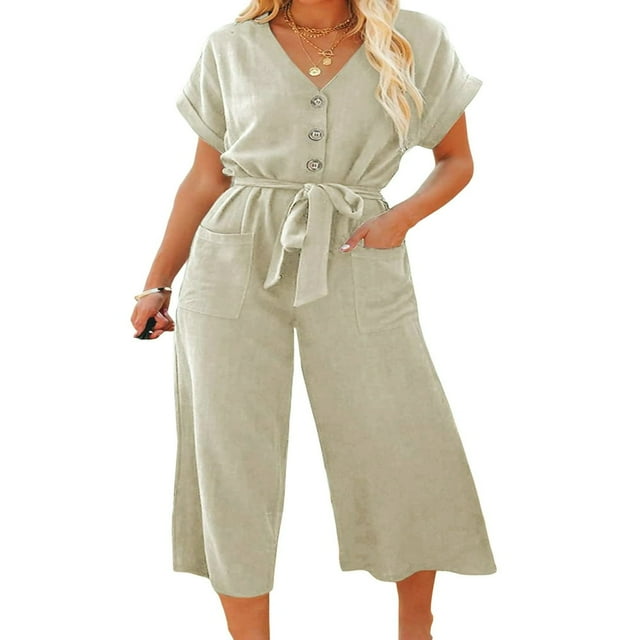 Women‘s Wide Leg Jumpsuits Buttons Front V Neck Rompers Summer Loose Fit Playsuit with Belt Pockets