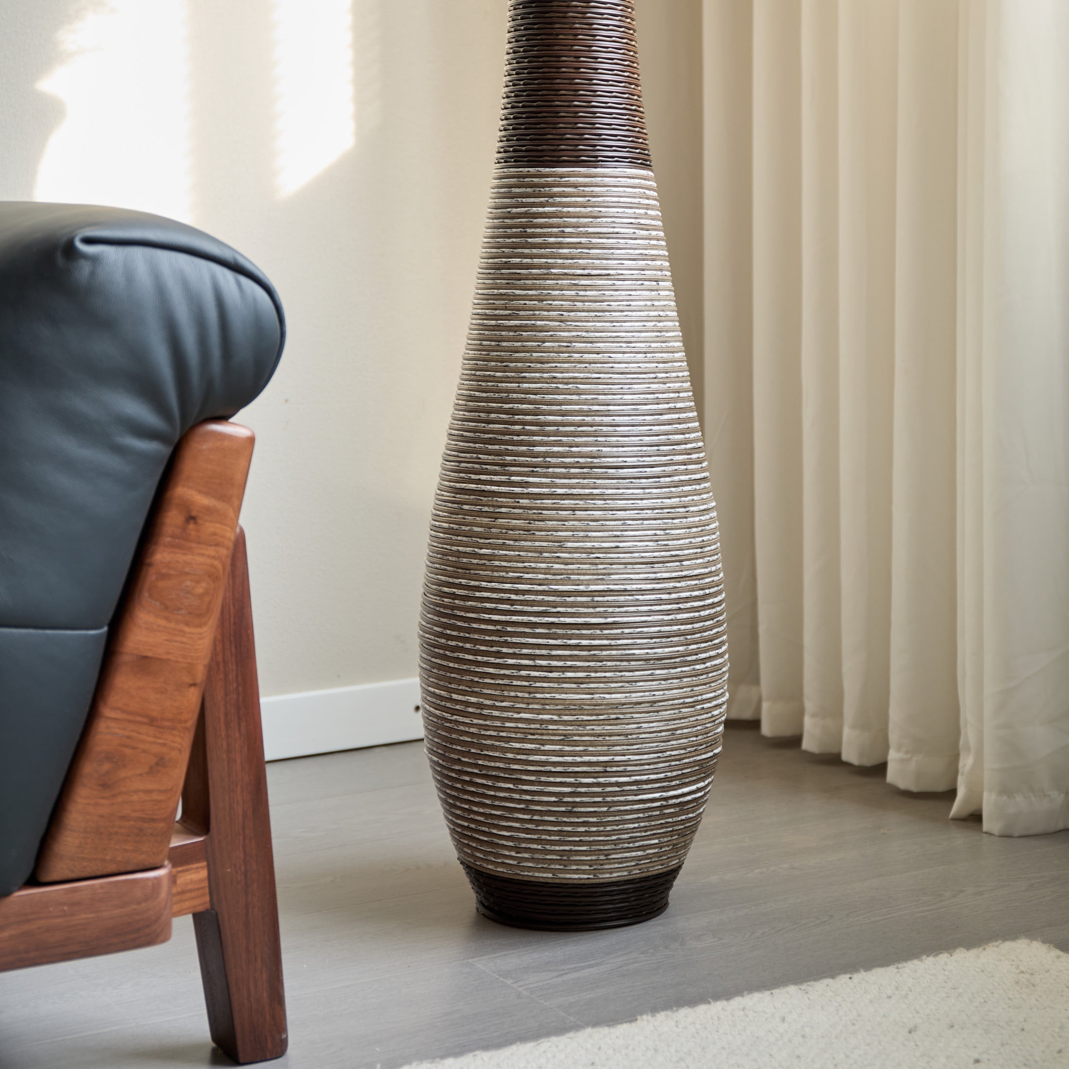 Noble House 40.2" Tall Hand-Woven PVC Rattan-Look Floor Vase, Textured Decorative Vase, Black+Gray