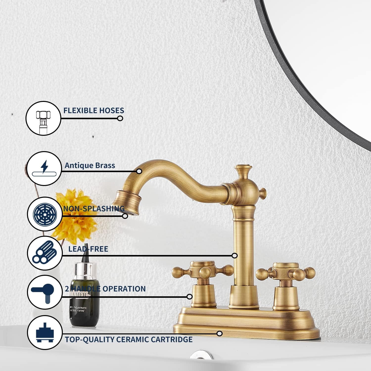 Antique Brass Bathroom Faucet - 2 Handles, 4 Inches Centerset, RV Vanity With Drain Assembly and Supply Hose - Lavatory Mixer Double Handle Tap