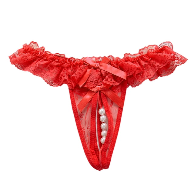 WZXFASHION String en Dentelle Ouverte avec Perles Massage Aguichant Tentation Rouge Taille Unique