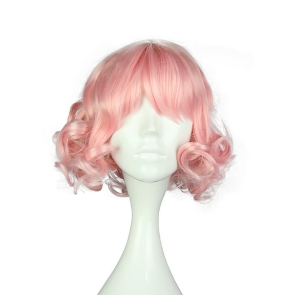 Unique Bargains Wigs for Women 12" Pink Curly Wig with Wig Cap