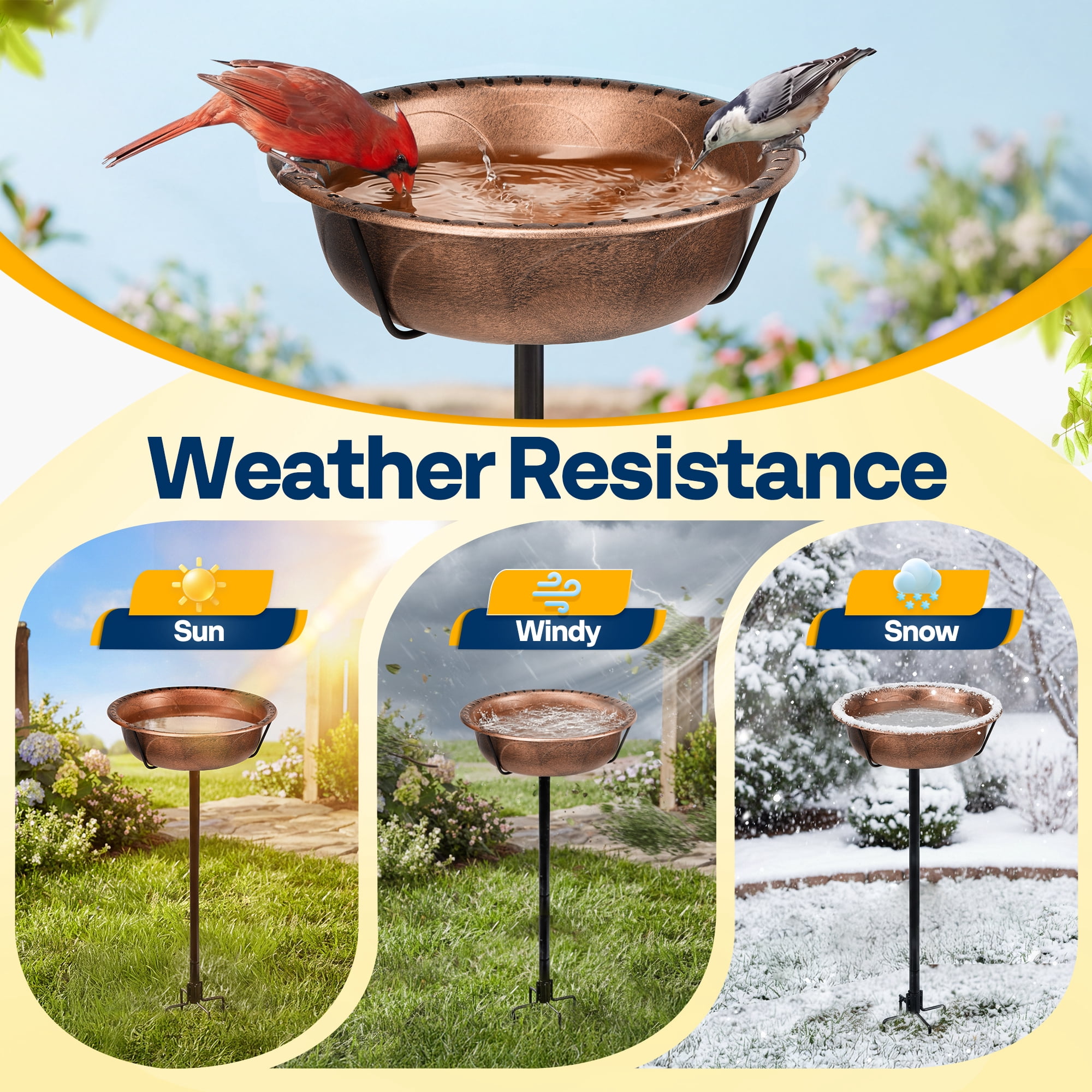 SPECSTAR Bird Bath for Outside, Outdoor 13'' Birdbath Bowl with Metal Ground Stake, Weather-Resistant ABS Bird Bath and Feeder for Garden, 1.45 Gallons, Bronze