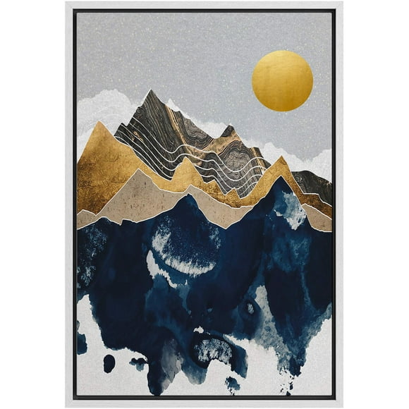SIGNFORD Framed Canvas Print Wall Art Granite Mountains with Golden Sun Abstract Wilderness Illustrations Modern Art Contemporary Scenic for Living Room, Bedroom, Office - 16""x24"" White