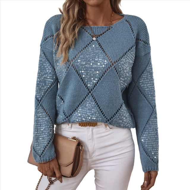 Suéteres de Punto de Larga con Cuello Redondo y Aberturas para Mujer, de Crochet, Holgados e Informales, con Lentejuelas. Azul M