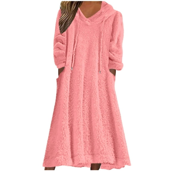 qelini Nightgowns for Women Fleece Long Sleeve Solid Crewneck Dress Oversized Warm Loungewear with Pockets