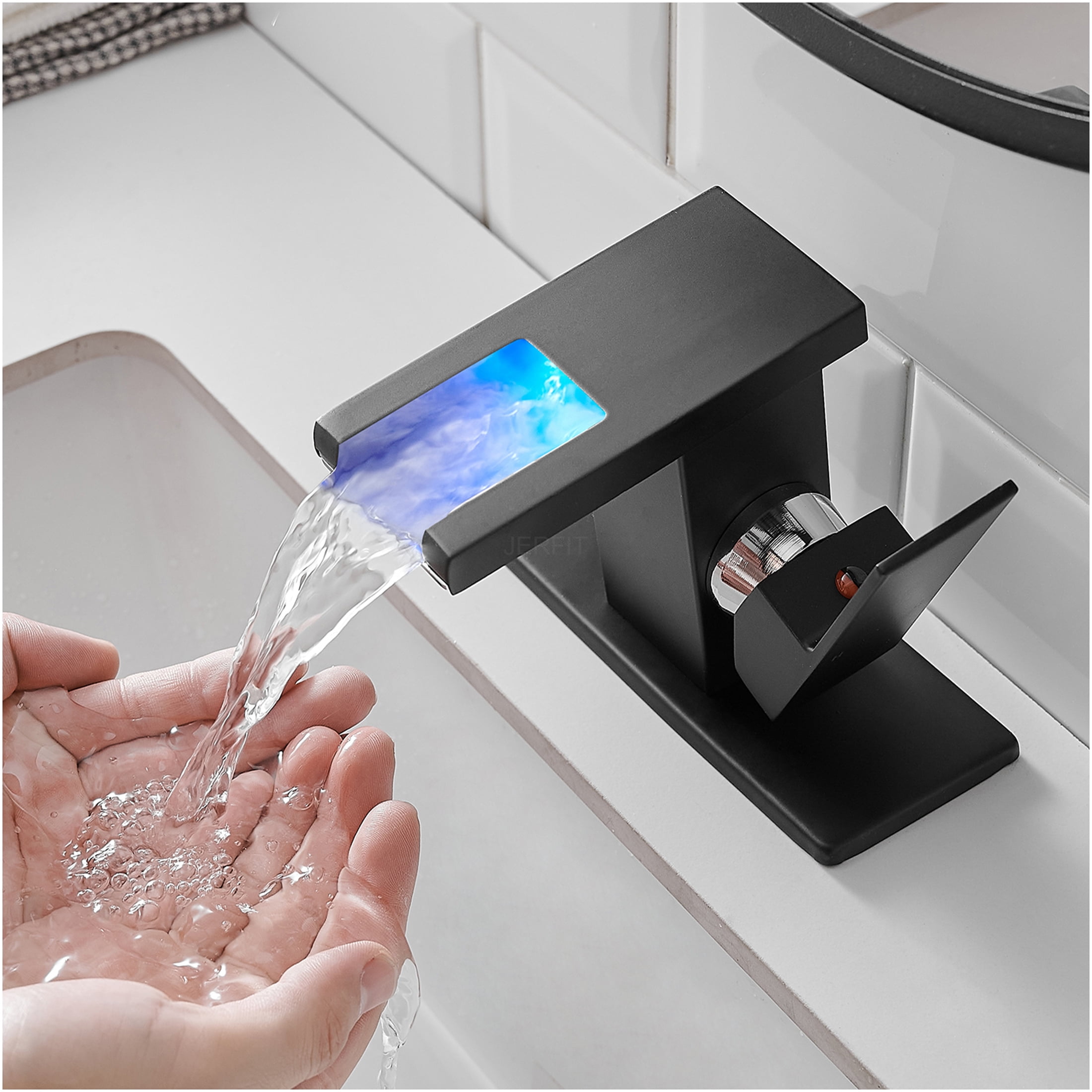 JERFIT 1-Hole LED Waterfall Bathroom Sink Faucet, Single Handle Black Brass Faucet with Temperature Sensing Light for Vanity Basin
