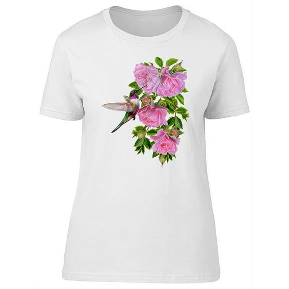 Cute Pink Roses And Hummingbird T-Shirt Women -Image by Shutterstock, Female x-Large