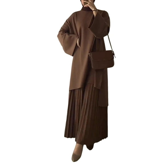 2 Pcs/Set Fall Spring Women Retro Top Skirt Set Crew Neck Long Sleeves Mid Length Top Pleated A-line Loose Maxi Skirt Commuting Dating Outfit