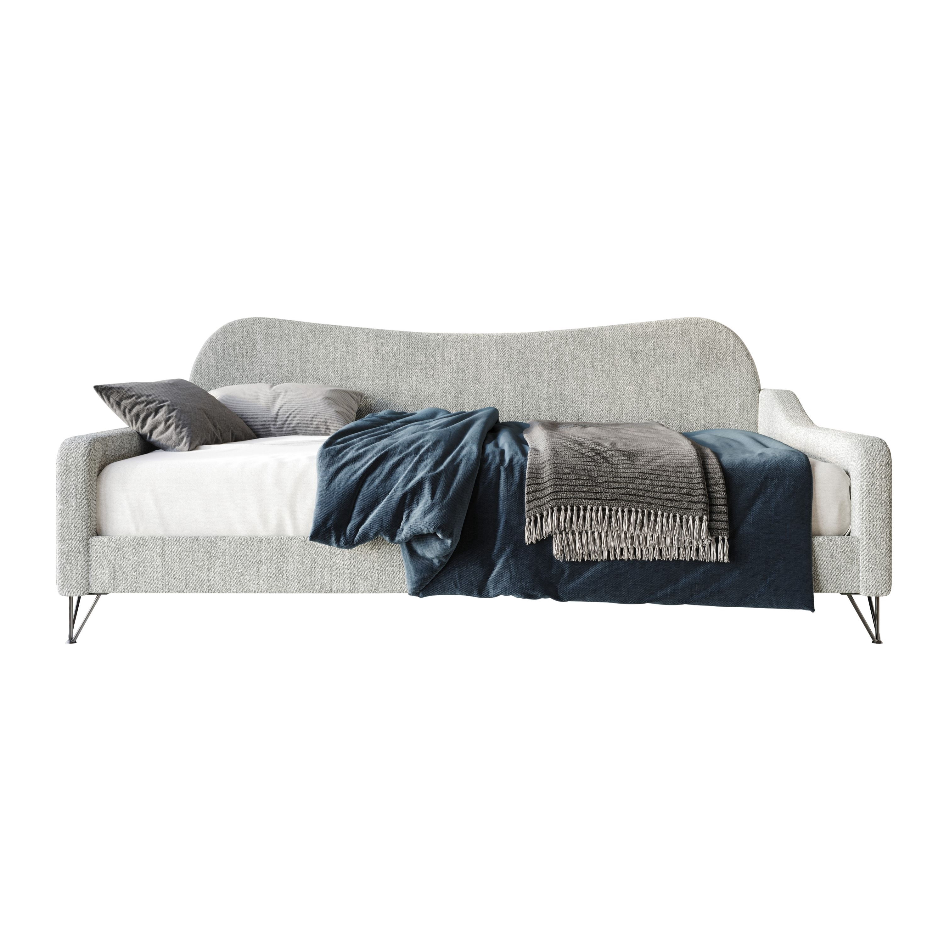 Home Design Natty Twin Daybed with Upholstered Frame, Elegant Backrest and Arms, Black Metal Legs, Stylish Seating and Sleeping Solution, Gray