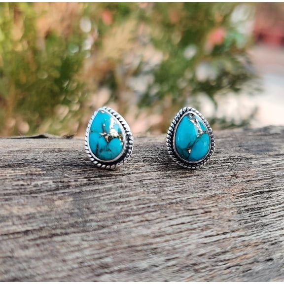 Blue Copper Turquoise Stud Earrings – 925 Sterling Silver Handmade Pear Spiral Gemstone Studs for Women