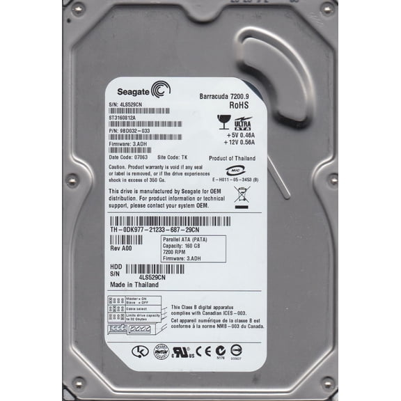 ST3160812A, 4LS, TK, PN 9BD032-033, FW 3.ADH, Seagate 160GB IDE 3.5 Hard Drive