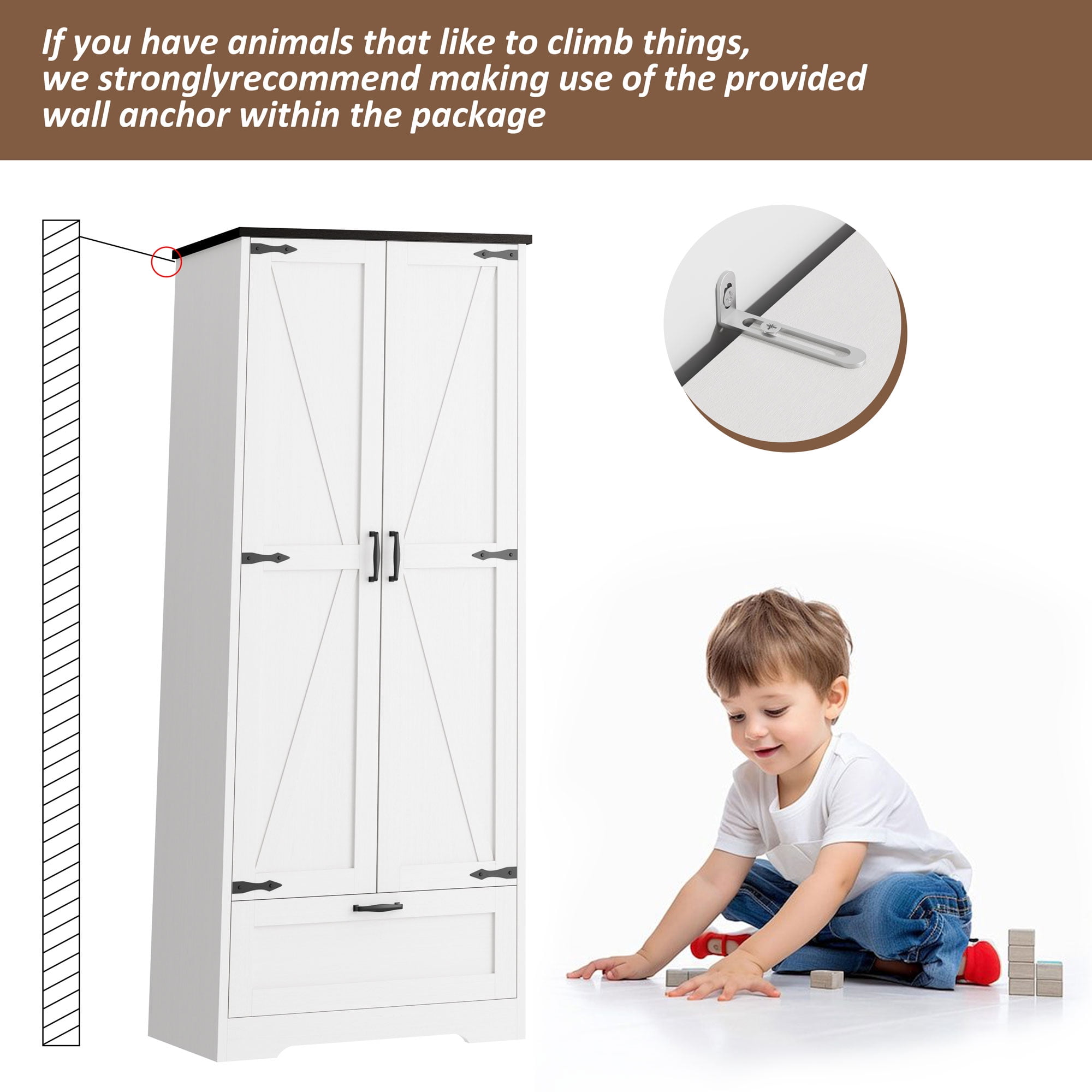 Walsunny 65 Kitchen Pantry Cabinet Freestanding Farmhouse Storage Cabinet with 4 Shelves and 1 Drawer Tall Cupboard White