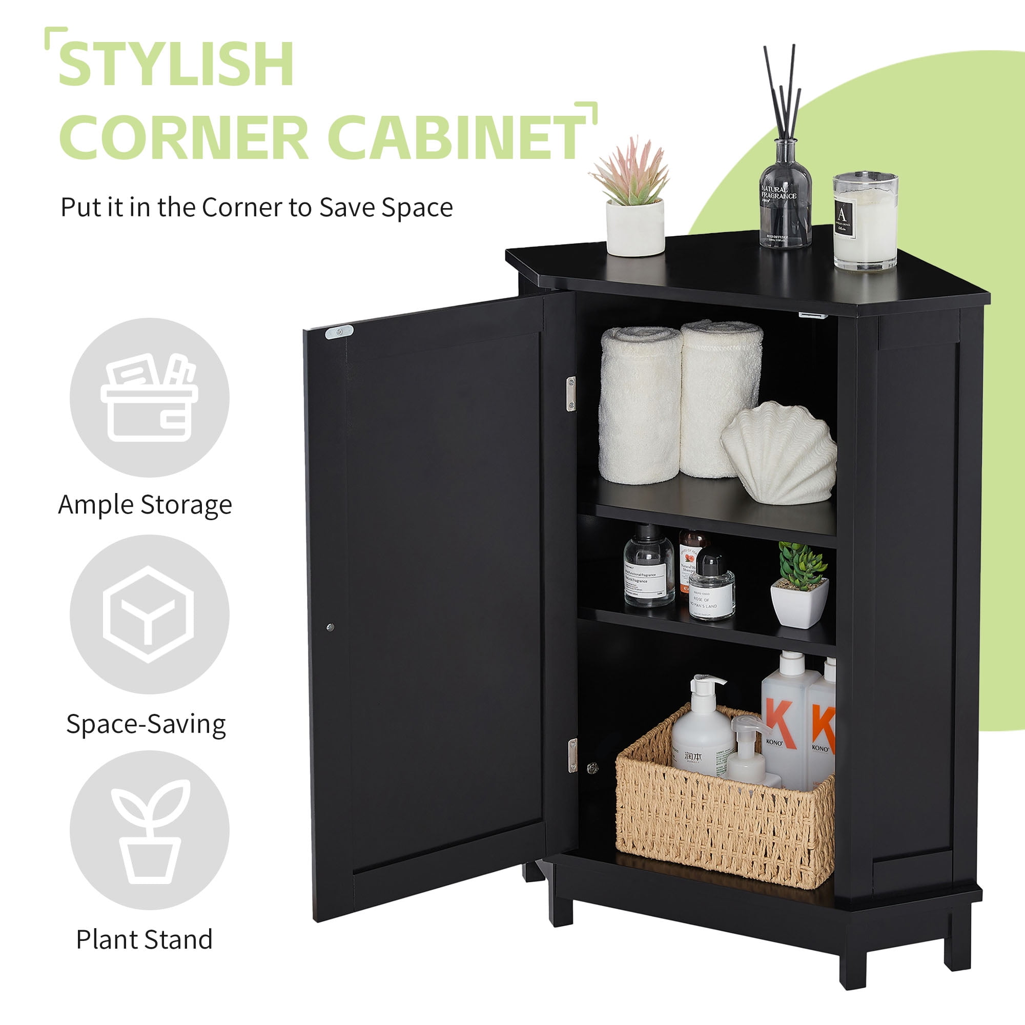 Euroco Black Bathroom Cabinet Triangle Corner Storage Cabinet with Adjustable Shelf Modern Style MDF Board(Old SKU:N725P172615B)