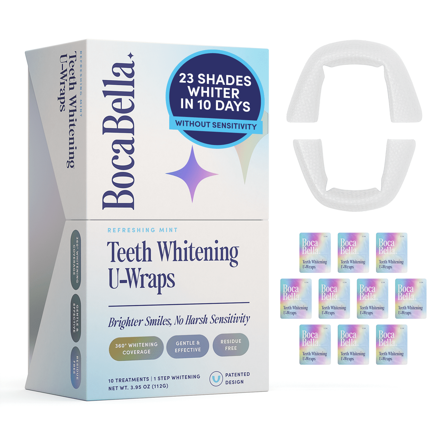 Boca Bella Teeth Whitening U-Wraps – 10 Treatments – 15% Hydrogen Peroxide Enamel-Safe No Harsh Sensitivity – Patented Strip Design with Aloe Calendula & Peppermint – Fast Even Whitening