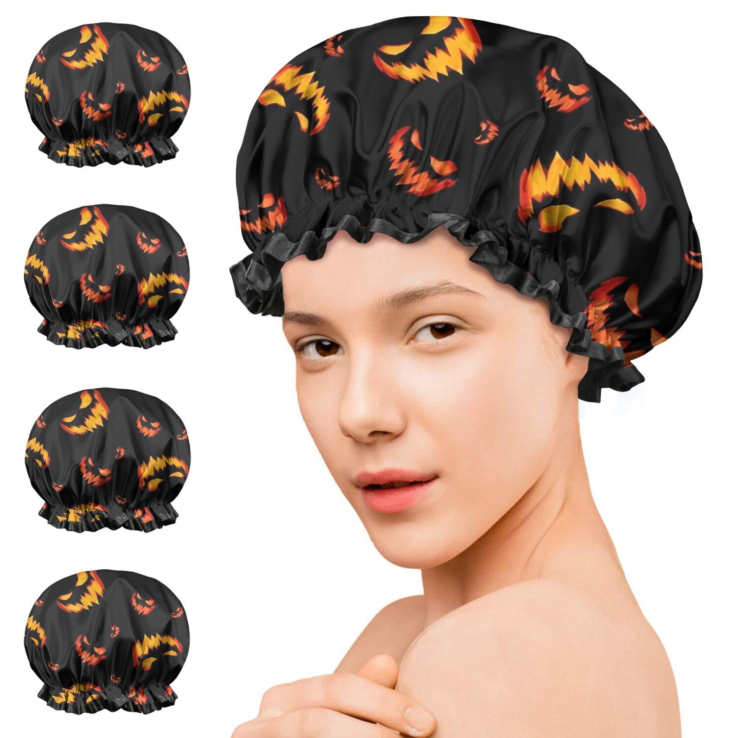 Shower Caps,Black Halloween Pumpkin Faces Waterproof Shower Cap for Women 4 Pieces,Double Reusable Hair Cover for Shower PEVA Elastic Stretch Hem
