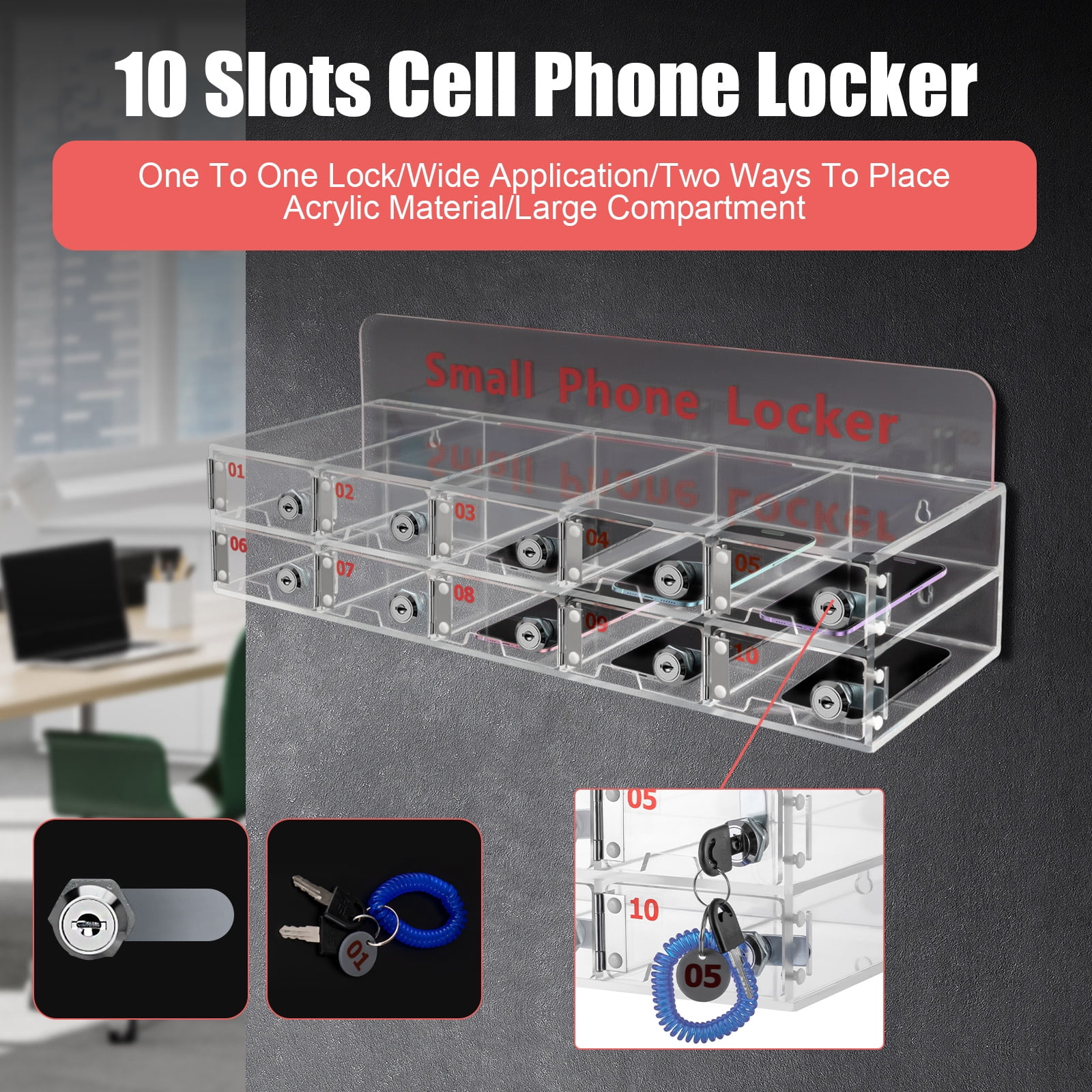 Cell Phone Locker Box Clear Cell Phone Storage Acrylic Cell Phone Lock Box with Door Locks and Keys Wall Mounted Cell Phones Storage Cabinet for Office School Classroom Factory (12 Slots)