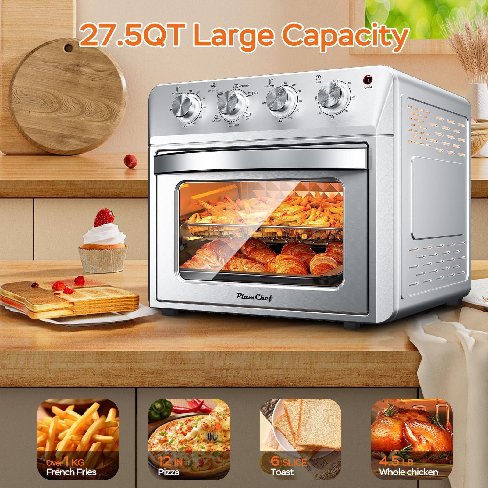 Plum chef 27.5QT 6-in-1 Air Fryer Toaster Oven Extra Large Dropdown-Door 6-Slice Convection Oven for Air Frying, Baking, Roasting, Broiling & Grilling, Stainless Steel Housing, Stainless Steel