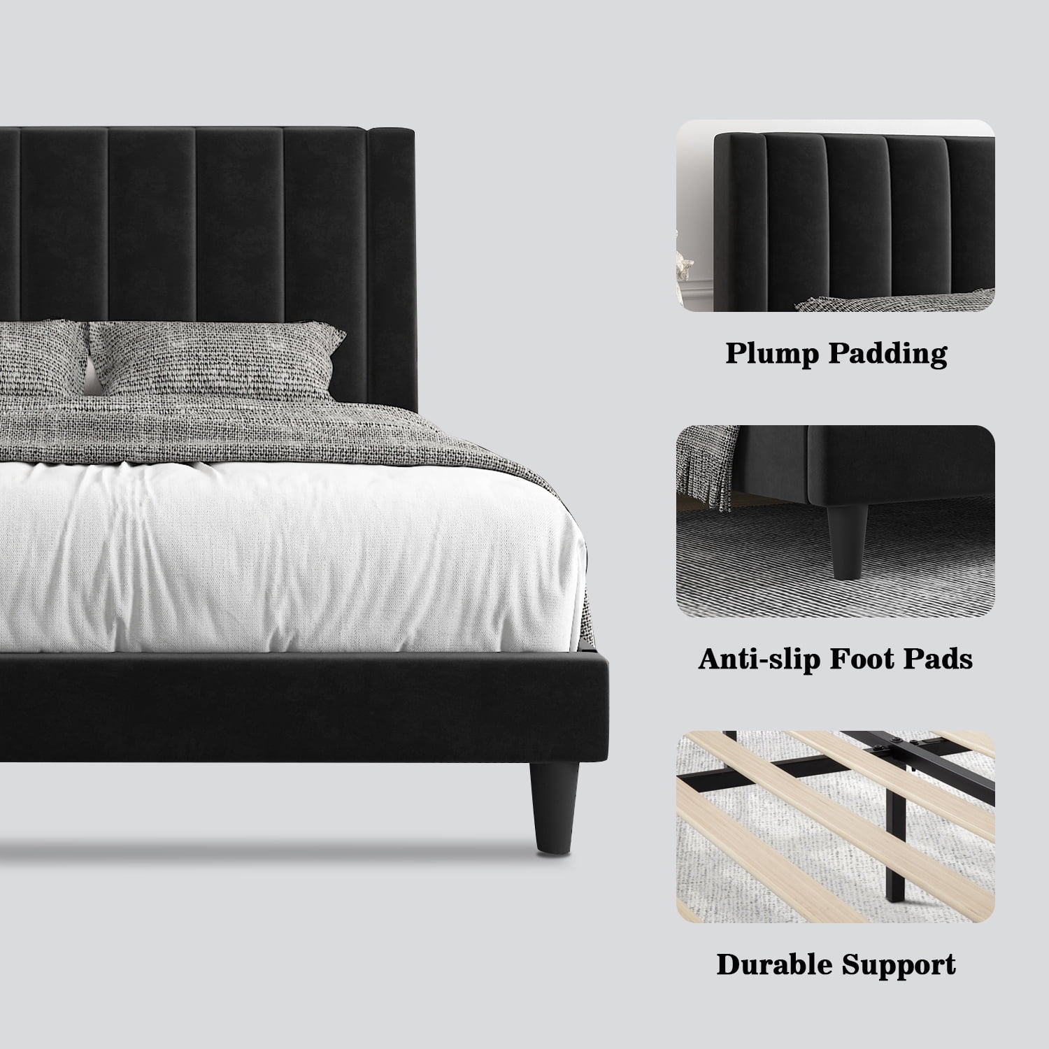 Allewie Queen Velvet Upholstered Bed Frame with Vertical Channel Tufted Headboard, Black