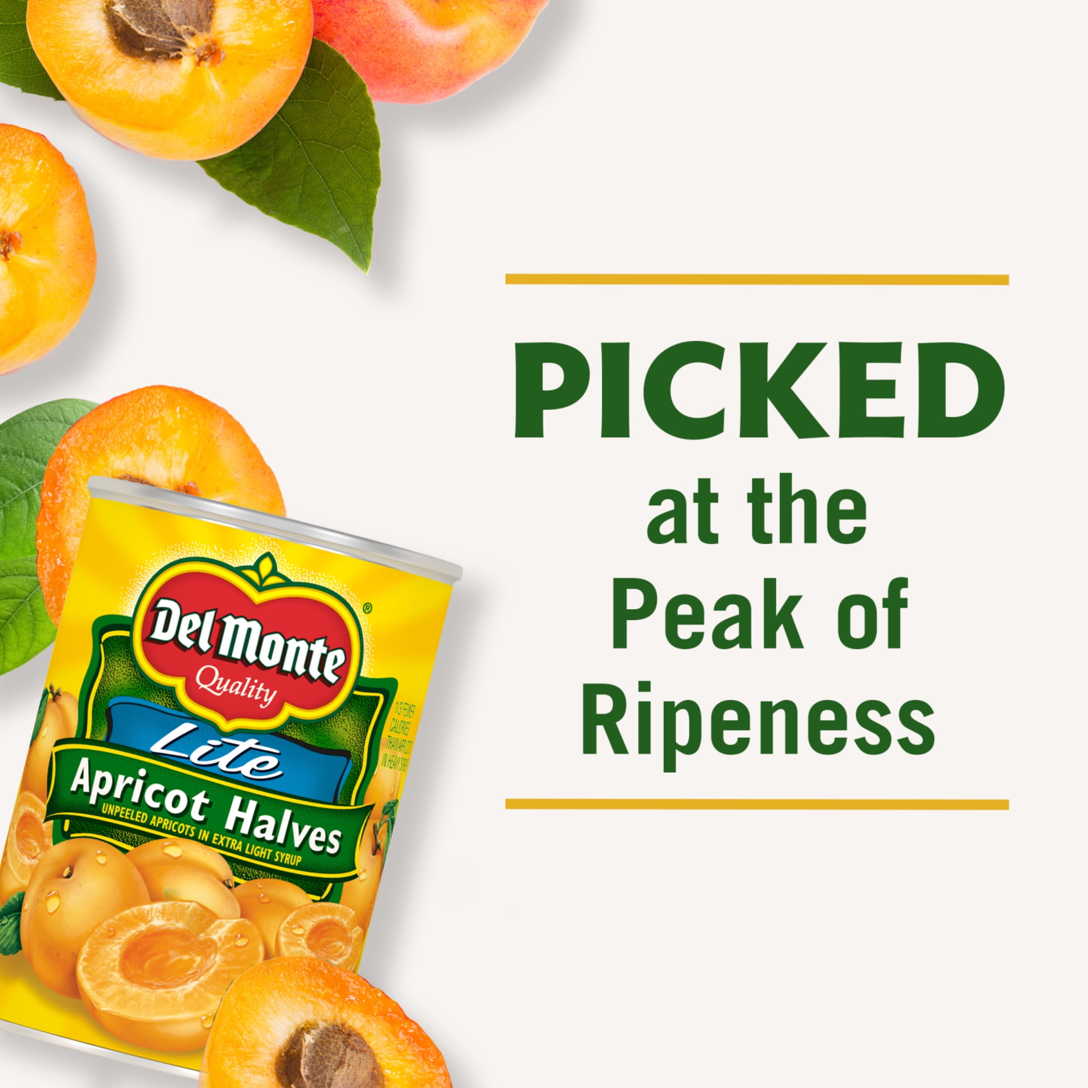 (12 pack) Del Monte Lite Apricot Halves, Canned Fruit, 15 oz Can
