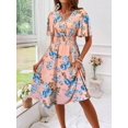 thumbnail image 4 of Floral Print Women's Spring Summer Dress - V-Neck Wrap, Waist-Gathered Midi, Romantic Elegant Vacation Style, 4 of 10