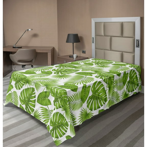 Ambesonne Exotic Flat Sheet, Tropical Forest Leaves Art, TwinXL Size, White and Fern Green