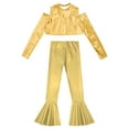 thumbnail image 3 of YEAHDOR Girls Shiny Metallic Jazz Dance Performance Costume Off Shoulder Crop Top with Bell Bottom Pants Dancewear Gold 10, 3 of 5