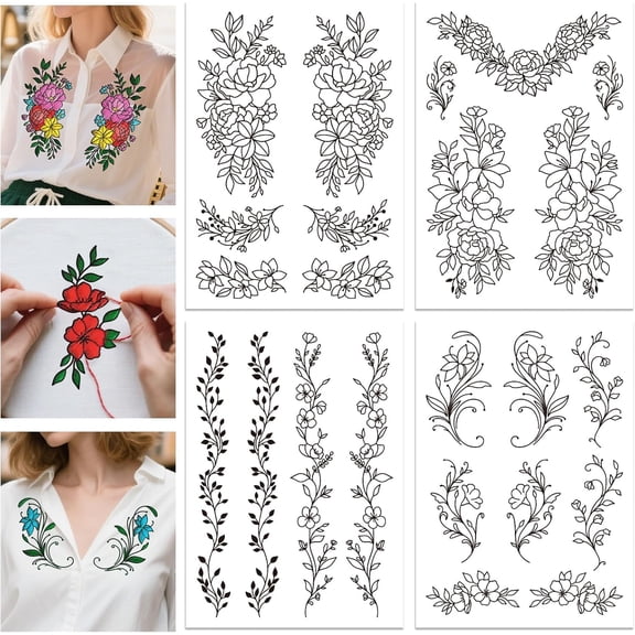 4 Sheets Luxurious Flower Border Embroidery Water Soluble Hand Sewing Stabilizers for DIY Fabric Lace Wash Away Embroidery Stabilizer Stickers Stitch Practice for DIY Beginners Lovers