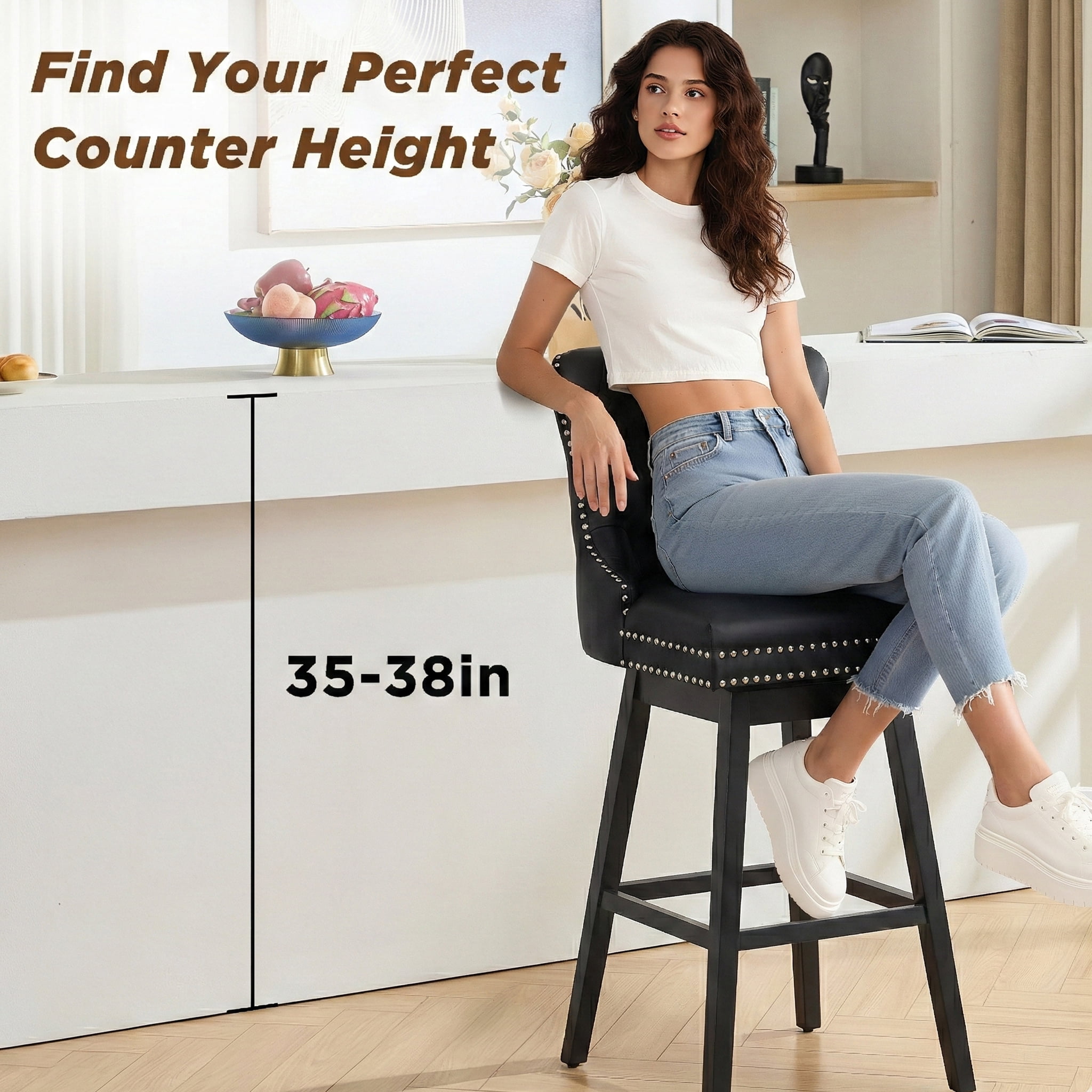 Fahomiss 26" Counter Height Swivel Bar Stools 1-pack, Faux Leather Kitchen Island Stools with Back, Black