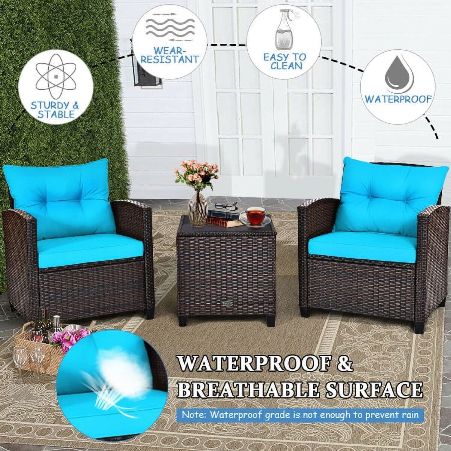 Aimee Lii 3 Pieces Wicker Patio Furniture Set, Coffee Table Cushioned Sofa, Modern Patio Furniture, Turquoise Aimee Lii 3 Pieces Wicker Patio Furniture Set, Coffee Table Cushioned Sofa, Modern Patio Furniture, Turquoise