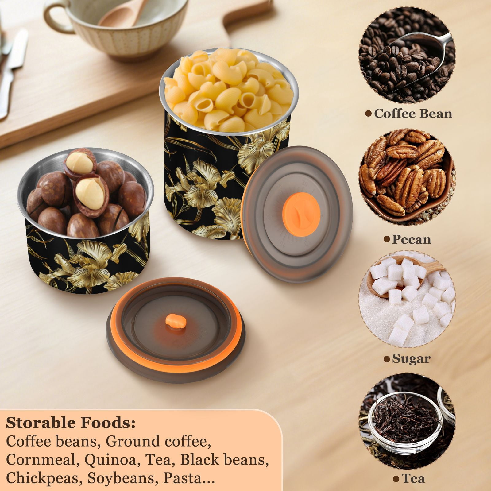 Gold Iris Flower Airtight Coffee Bean Canister 30oz Food Storage Containers with Lids For Gournd, Tea, Sugar, Flour, Rice, Cereal, Candy Cookie Jar