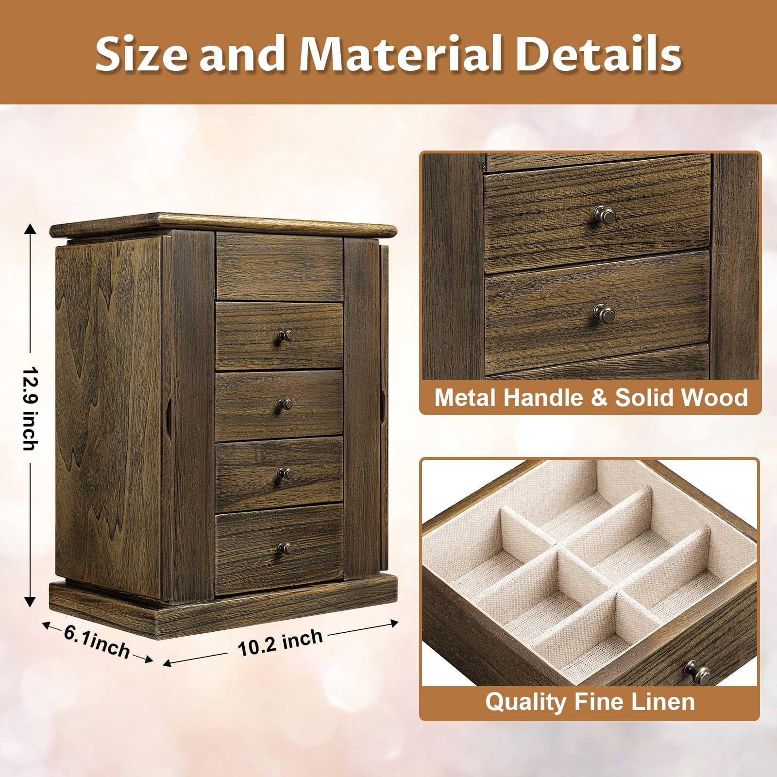 Jewelry Box for Women, 5 Layer Large Wood Boxes & Organizers for Necklaces Earrings Rings Bracelets, Rustic Organizer with Drawers and Mirror, Light Taupe