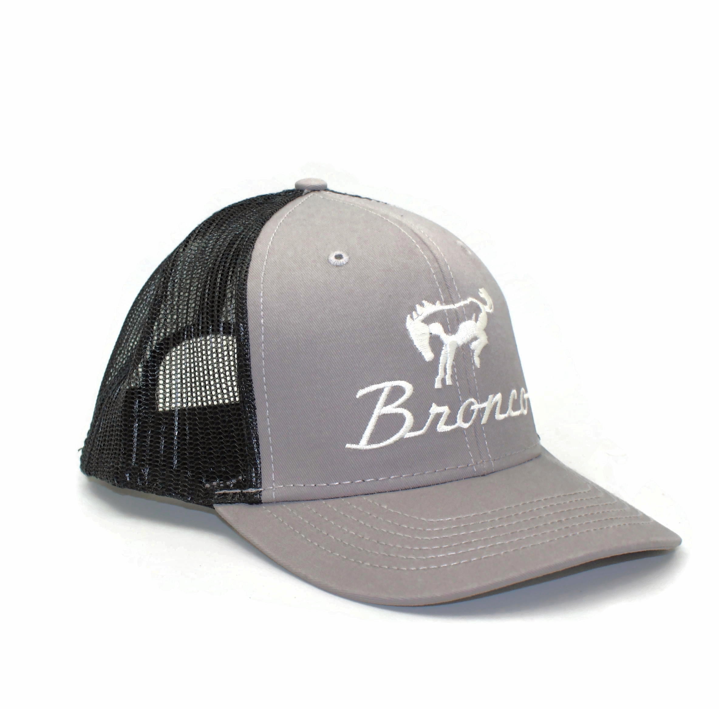 Ford Bronco Trucker Hat, Vented Mesh, Embroidered Logo, 50% Cotton 50% Polyester, Grey with Black Mesh Back