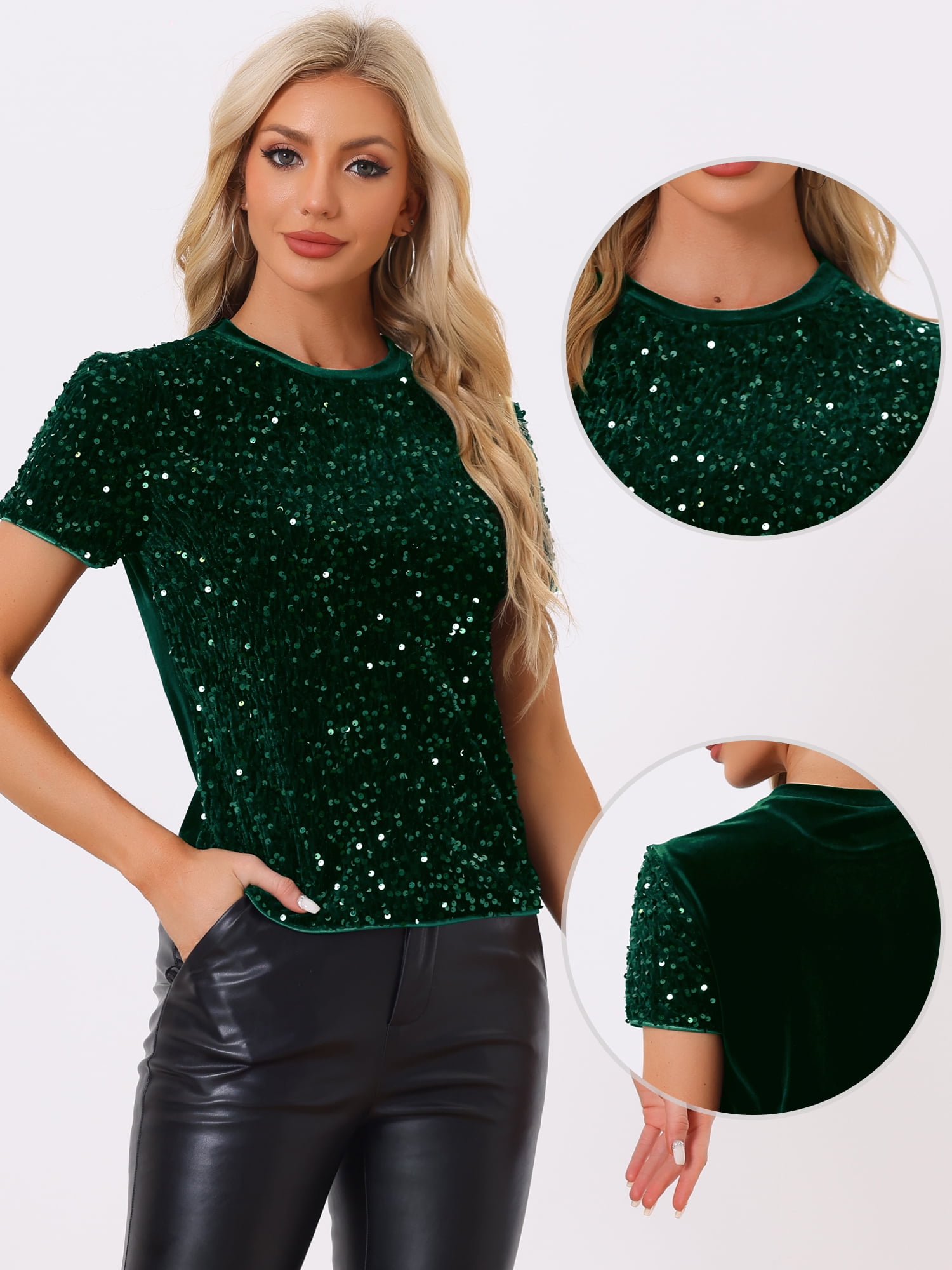 DARING DIVA Women's Velvet Sequin Short Sleeve Clubwear Blouse S Dark Green