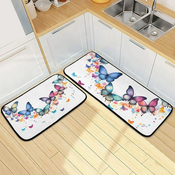 Colorful Butterflies Kitchen Mats Set 2 Piece Non Slip Floor Foam Rugs Cushioned Soft Waterproof Carpet Runner for Dining Room Bathroom Laundry
