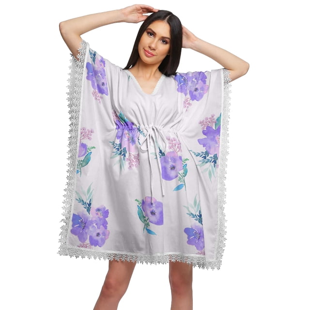 Moomaya Robe Courte de Caftan de Plage, Robe de Couverture Imprimée, Kaftan pour Femmes, Tenue de Plage, Couverture