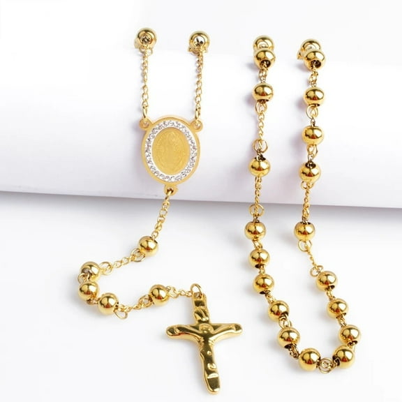 QDhaobang New FINE 14k Yellow Gold Cross Pendant Necklace For Men Women  Rosary Beads Necklace Religious Jewelry 2024