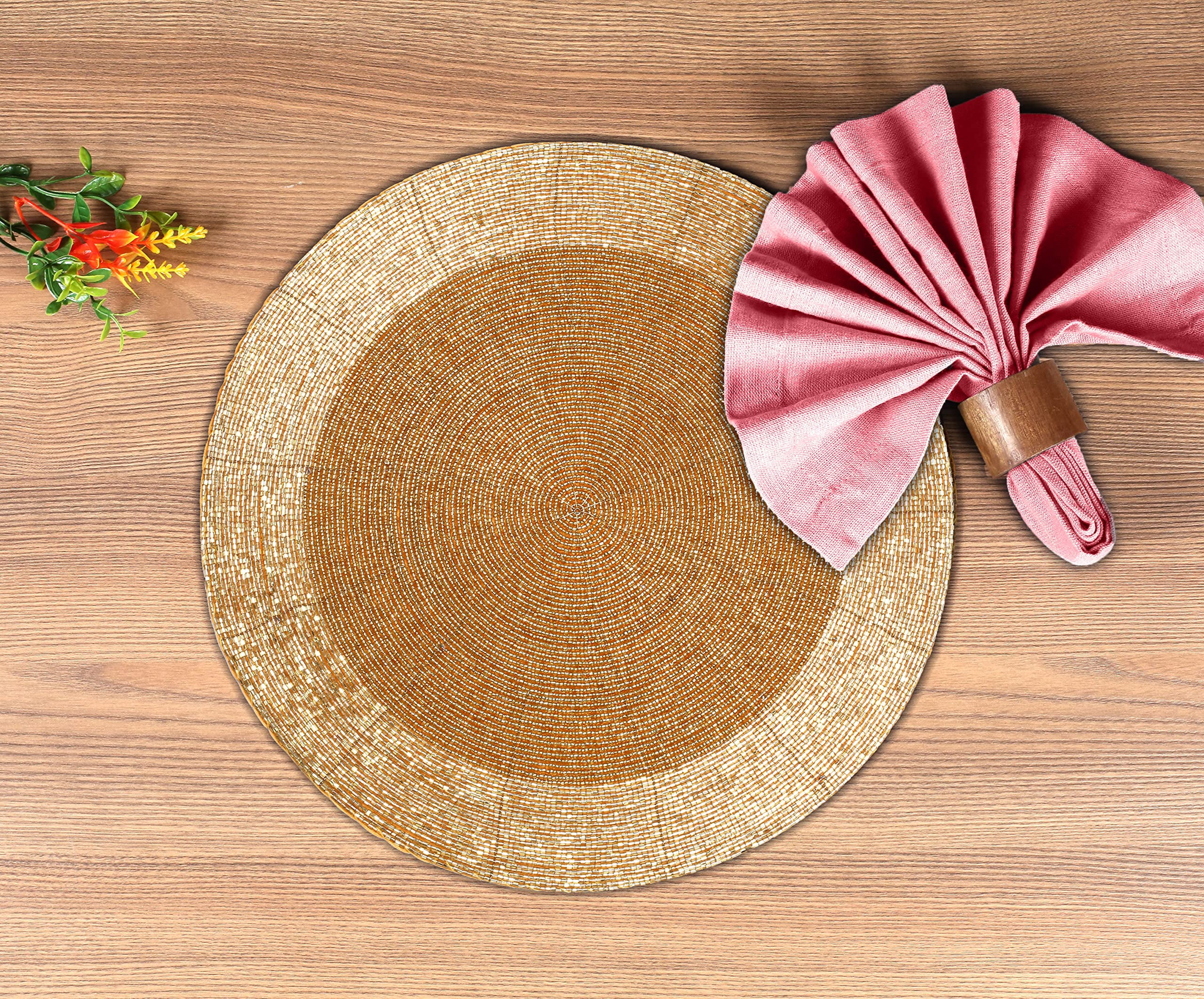 Homebia Designs Handmade Beaded Placemats Set of 4 - Round Charger Mats - Farmhouse Style Table Decor for Dining, Wedding, Holiday, and Special Occasions - Elegant Glitz Table Setting - 13 Inch Gold