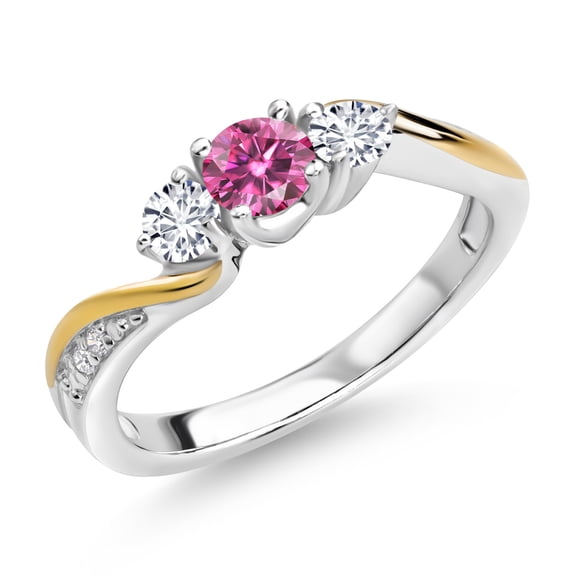 Gem Stone King 925 Sterling Silver and 10K Yellow Gold Pink Moissanite and White Lab Grown Diamond 3 Stone Engagement Ring for Women (0.46 Cttw, Size 9)