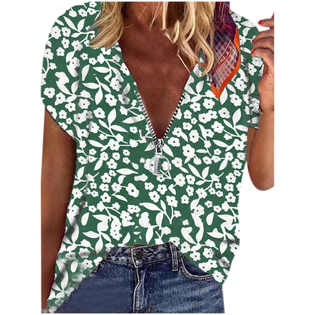 Leutsin Blouse T-shirt Décontractée pour Femmes Grande Taille à Manches Courtes, Col en V, Imprimée