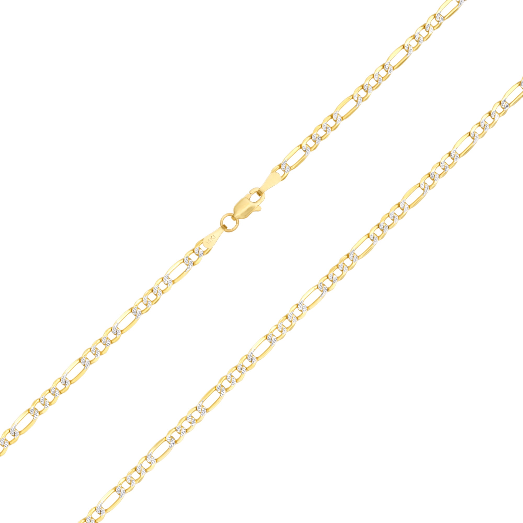 Nuragold 14k Real Yellow Gold Solid Figaro Link 4mm Diamond Cut Pave Chain Necklace (16"-30") Two Tone Italian Jewelry for Men & Women