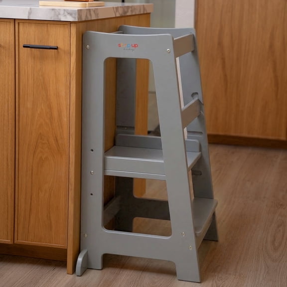 Stepup Baby Toddler Tower Gray - 3-Level Adjustable Wooden Toddler Step Stool Kids for 18 Months to 4 Years
