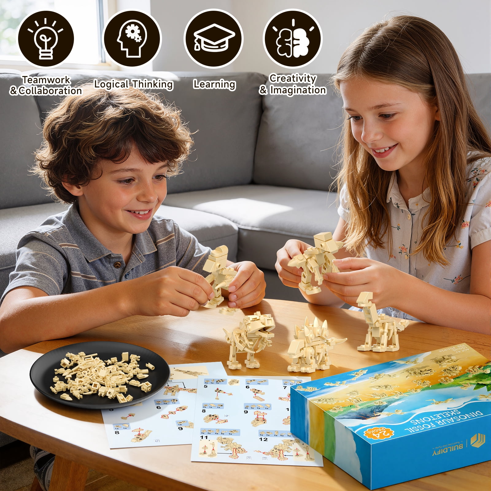 Dinosaur Party Favors 24 Pack Fossil Building Blocks Set, Lego Compatible Mini Dino Toys Kids 6+