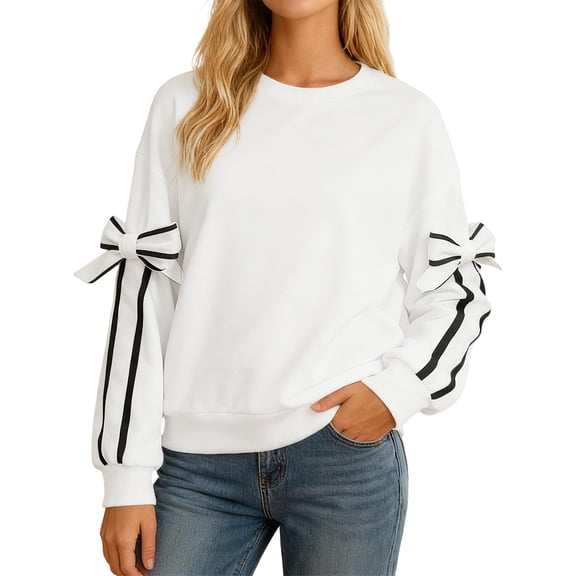 Tisuna Crewneck Sweatshirts For Womens Long Sleeve Soft Ribbed Tops Fall Winter Pullover With Bow Detail Daily Wear Casual Sweatshirts
