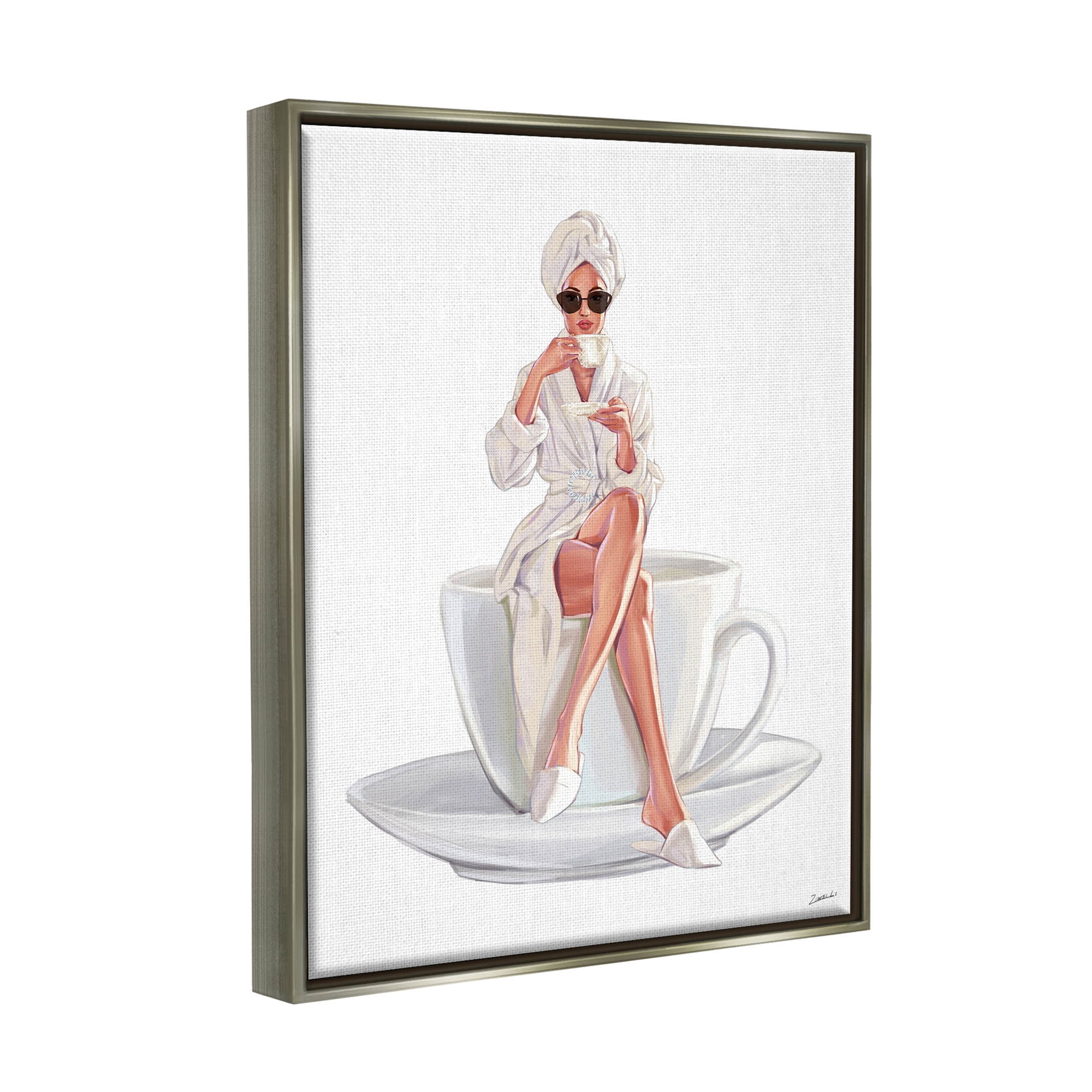 Stupell Industries Morning Coffee Glam Woman Robe Graphic Art Luster Gray Floating Framed Canvas Print Wall Art, Design by Ziwei Li