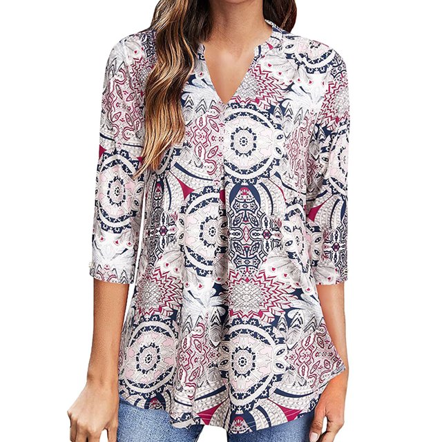 Puntoco verano mujer media manga estampado botón tops blusa cuello en V camisa pulóver Puntoco Puntoco-543